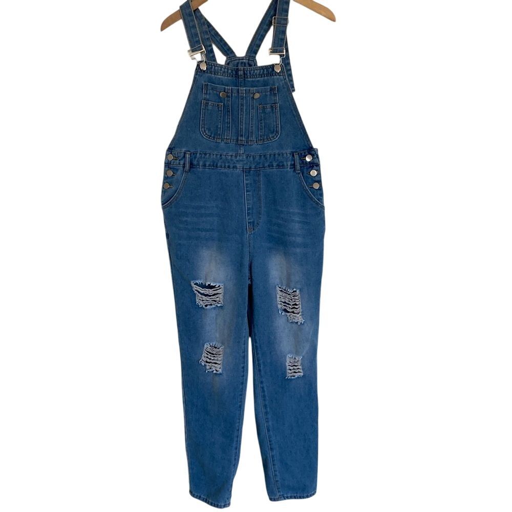 Womens Lightwash Denim Overalls Size S Distressed Leg Fall Cottage Core Barn